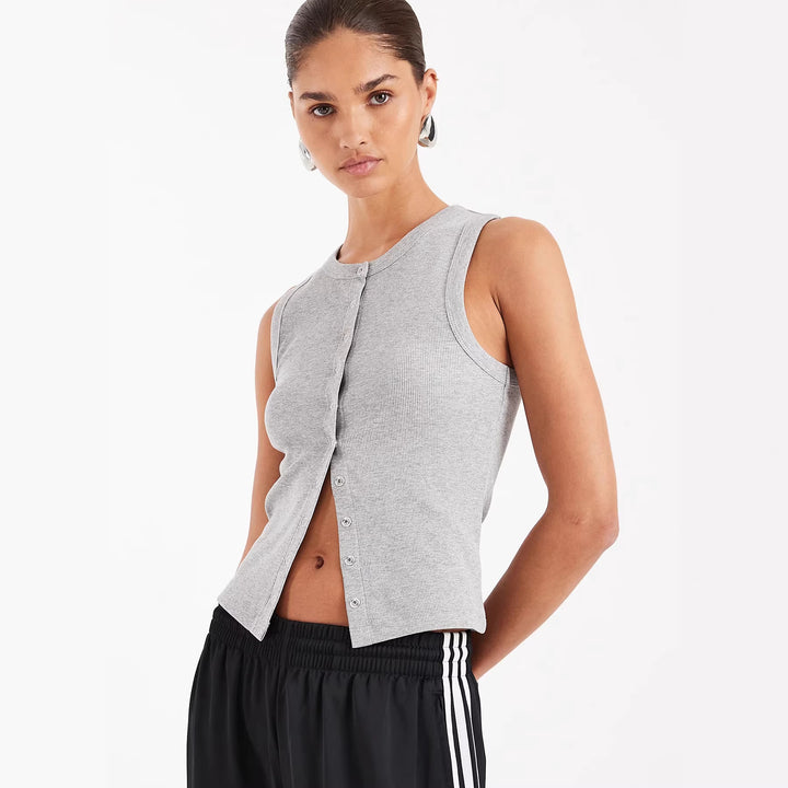 Damen Ärmelloses Rippenshirt mit durchgehender Knopfleiste Drune