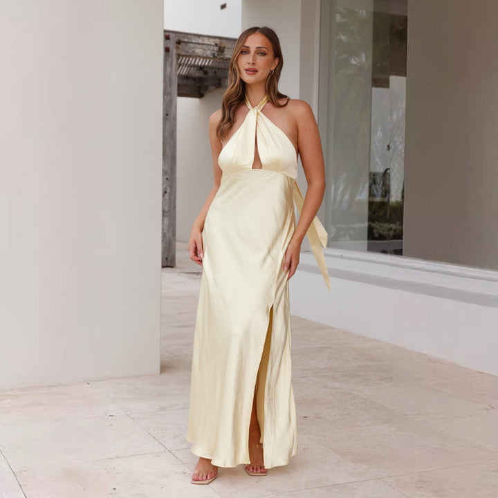 Damen Elegantes Wickelmaxikleid im Halterneck-Stil mit seitlichem Schlitz und Taillengürtel Drune