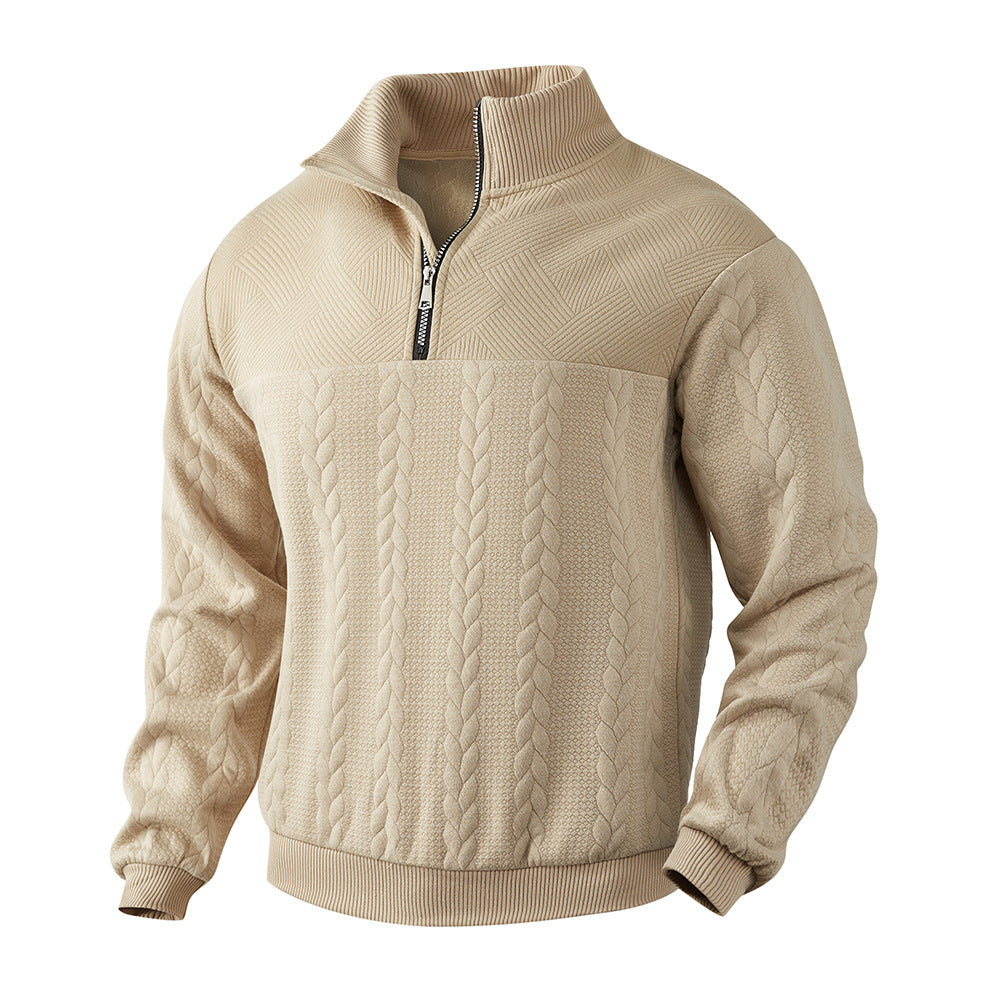 Herren nan grobgestrickter Troyer-Pullover mit Zopfmuster, Stehkragen und halbem Reißverschluss Drune