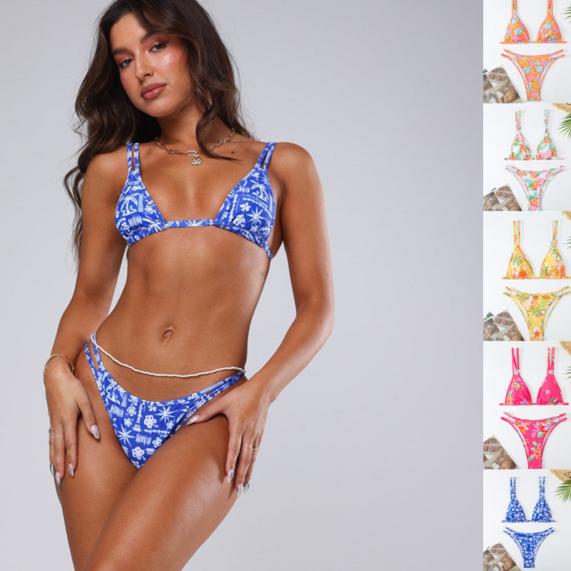 Damen Triangel-Bikini mit verspieltem Blumenmuster und raffinierten Schnürdetails Drune