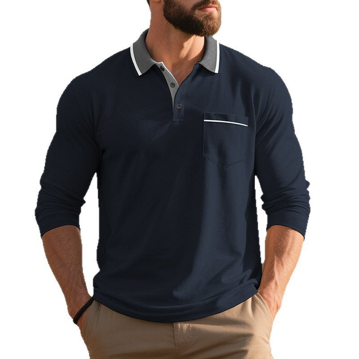 Herren nan langärmeliges Polohemd mit Kontrastkragen, Brusttasche und feinem Baumwollstretch Drune