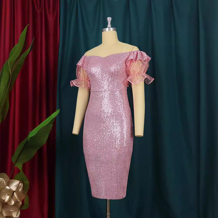 Damen Glitzerndes Cocktailkleid mit schulterfreiem Design und voluminösen Puffärmeln Drune