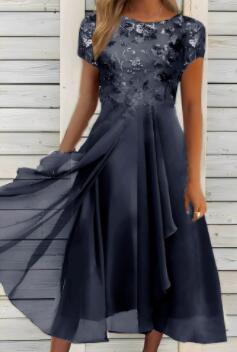 Damen nan elegantes Chiffon-Midikleid mit floraler Spitzenapplikation und fließendem Tellerrock Drune
