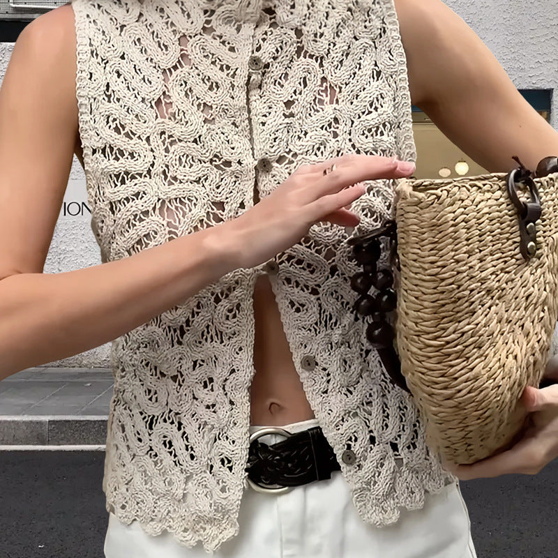 Damen Häkel-Bluse mit elegantem Stehkragen und transparenter Struktur Drune