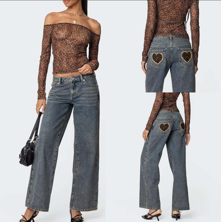 Damen Off-Shoulder Langarmshirt mit Leopardenmuster Drune