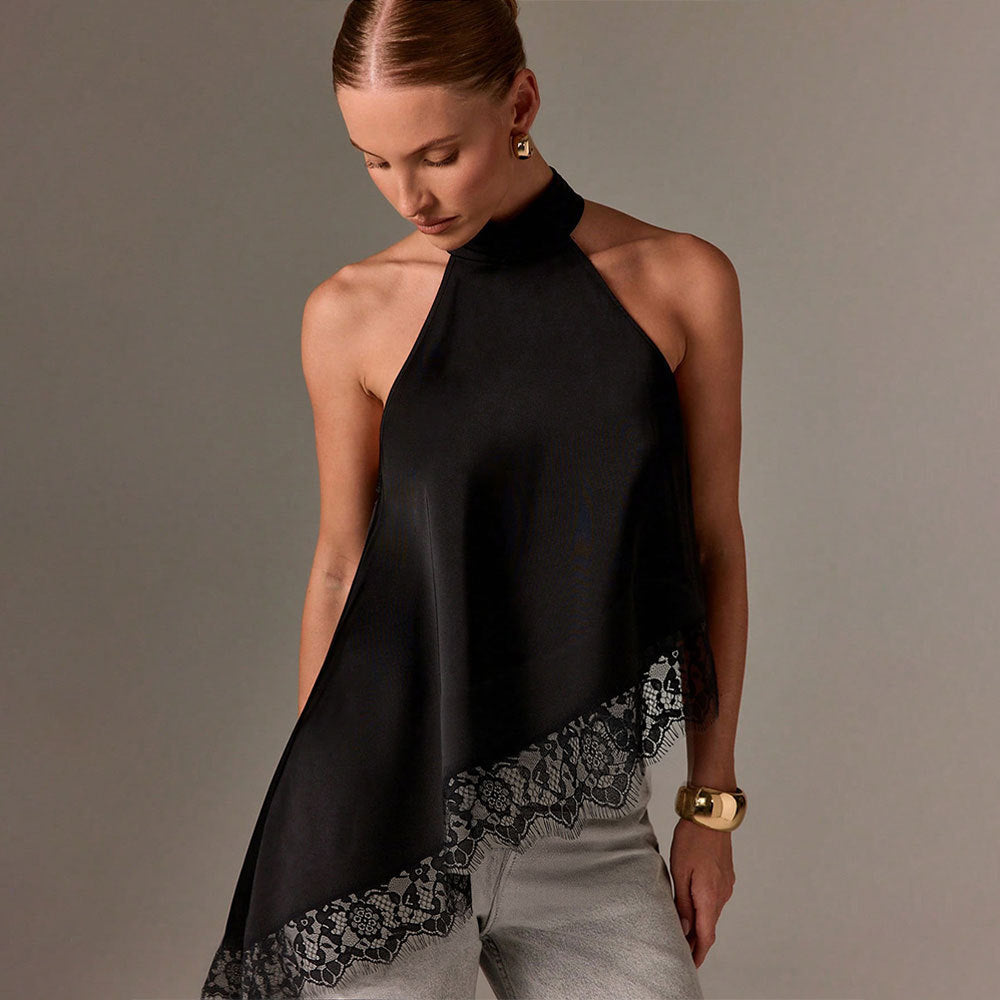 Damen elegantes Haltertop mit raffiniertem Spitzenbesatz Drune