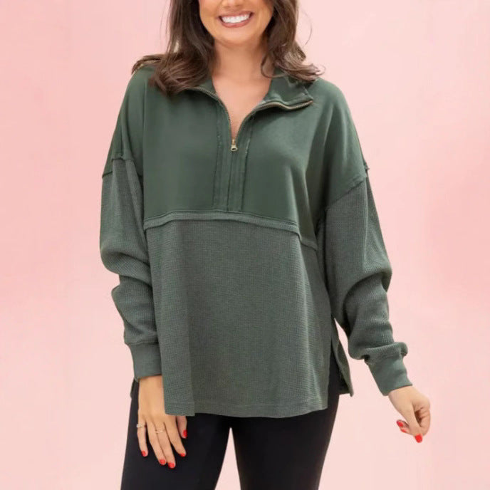 Damen lässiger Pullover mit halbem Reißverschluss und voluminösen Ärmeln Drune