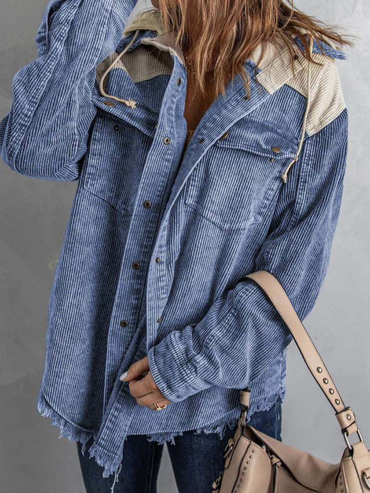 Drune | Damen Kapuzenjacke – Corduroy – Oversized Fit – Knopfverschluss – Ausfrans Saum Casual