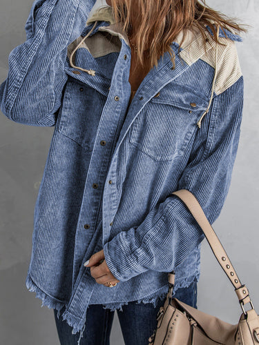 Drune | Damen Kapuzenjacke – Corduroy – Oversized Fit – Knopfverschluss – Ausfrans Saum Casual