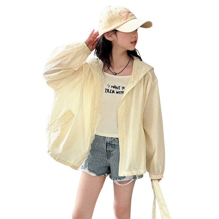 Damen nan leichte Kapuzenjacke mit Spitzenbesatz und weitem Schnitt Drune