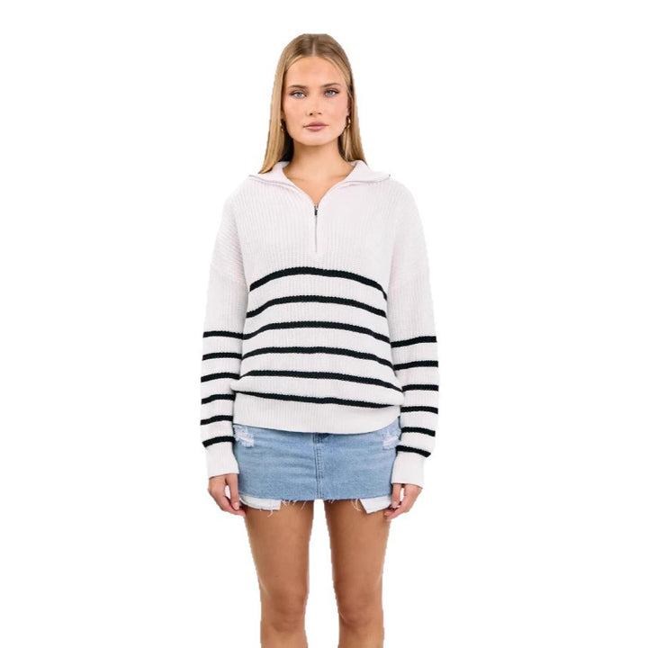 Damen sportlicher Strickpullover mit halbem Reißverschluss und Streifenmuster Drune