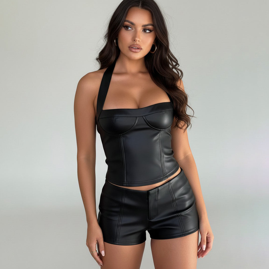Damen Kunstleder Crop-Top mit romantischem Schnitt und verführerischem Bustier-Wirkung Drune
