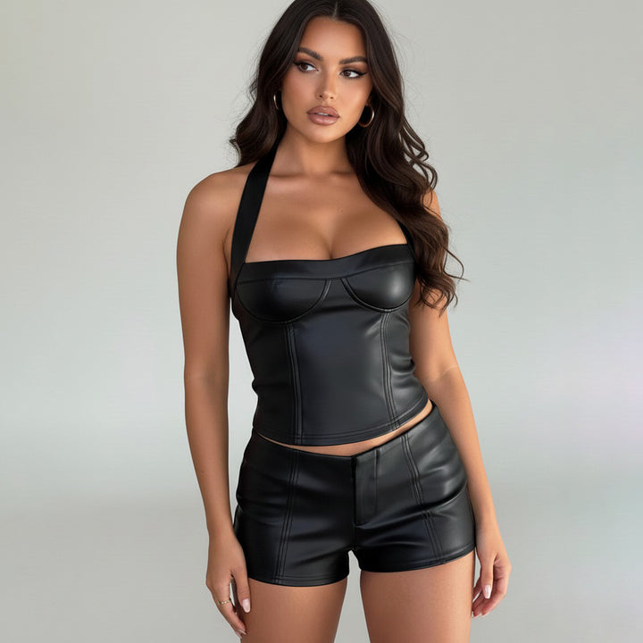 Damen Kunstleder Crop-Top mit romantischem Schnitt und verführerischem Bustier-Wirkung Drune
