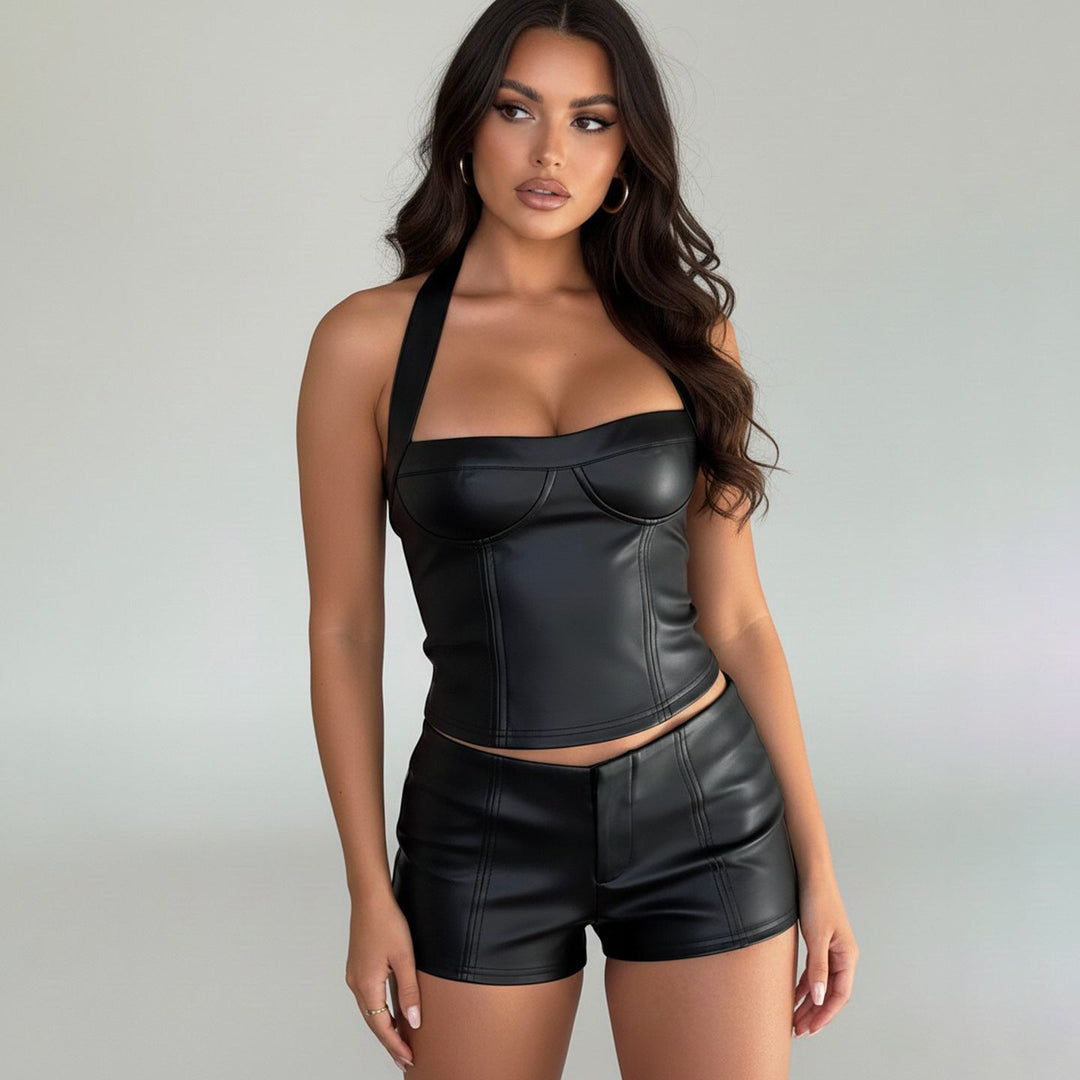 Damen Kunstleder Crop-Top mit romantischem Schnitt und verführerischem Bustier-Wirkung Drune