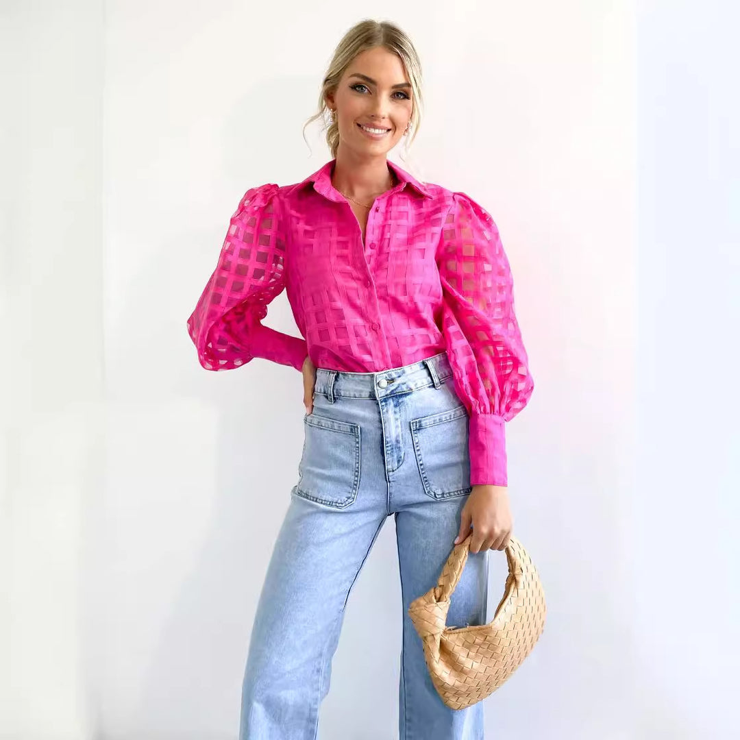 Damen Bluse mit Puffärmeln und Karomuster Drune