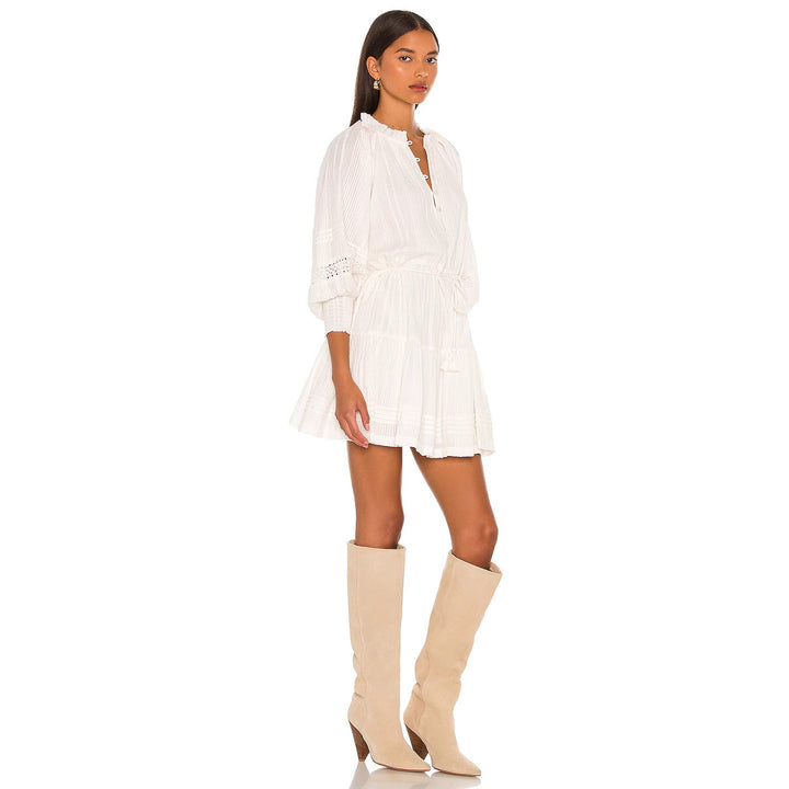 Damen luftiges Tunika-Kleid mit dekorativen Knopfdetails und Taillenzug Drune
