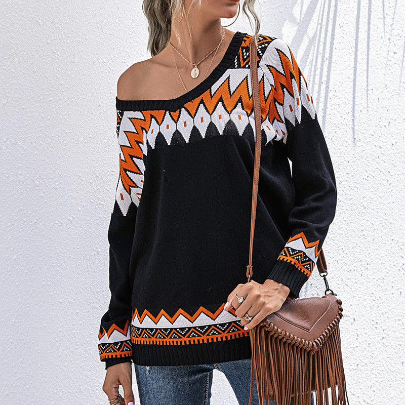 Damen lässiger Strickpullover mit asymmetrischem Ausschnitt und kunstvollen Mustern Drune