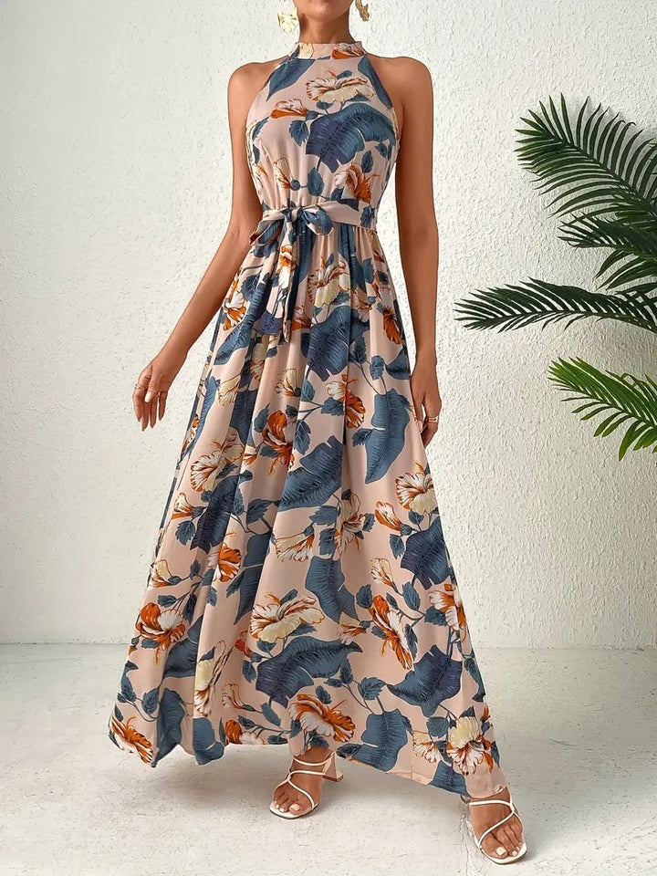 Damen Maxikleid im Boho-Stil mit hohem Kragen und Bindegürtel Drune