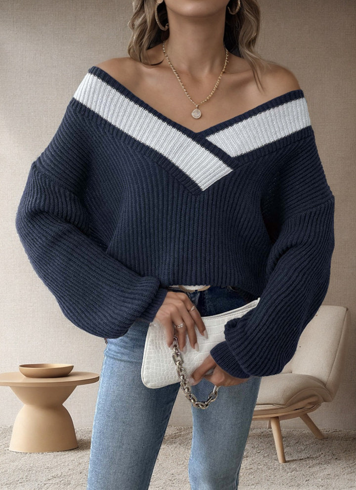 Damen oversized V-Pullover mit strukturiertem Rippstrickdesign Drune