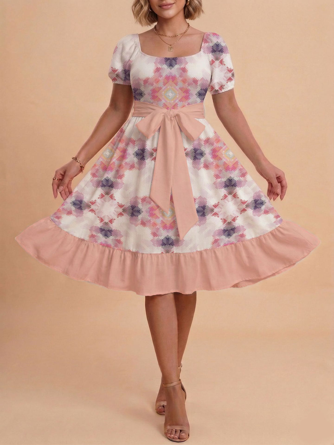 Damen Midikleid mit verspieltem Druck und tailliertem Schnitt Drune