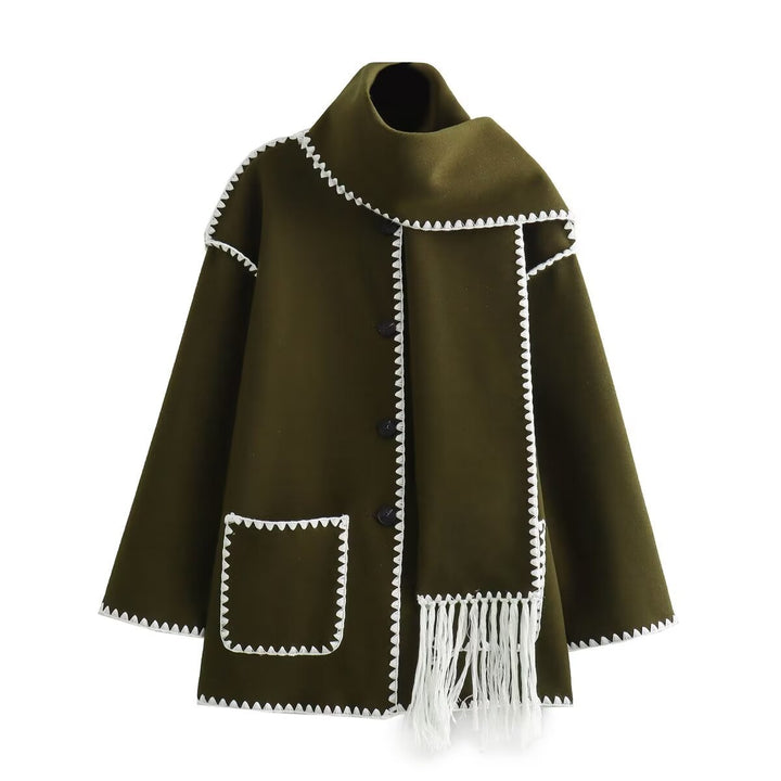 Damen elegante Wolljacke mit dekorativem Fransen-Schal Drune