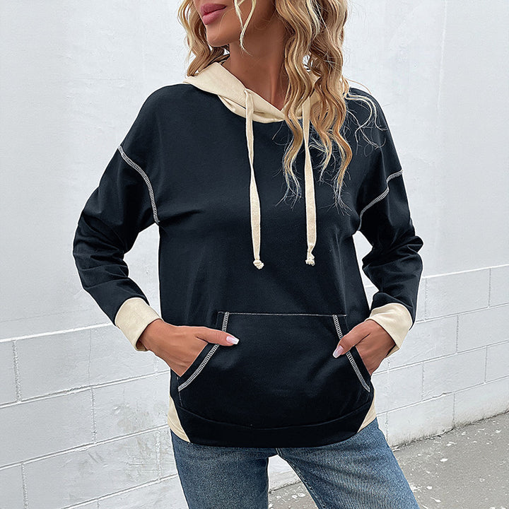 Damen lässiger Kapuzenpullover mit seitlichen Taschen und kontrastierenden Ärmeln Drune