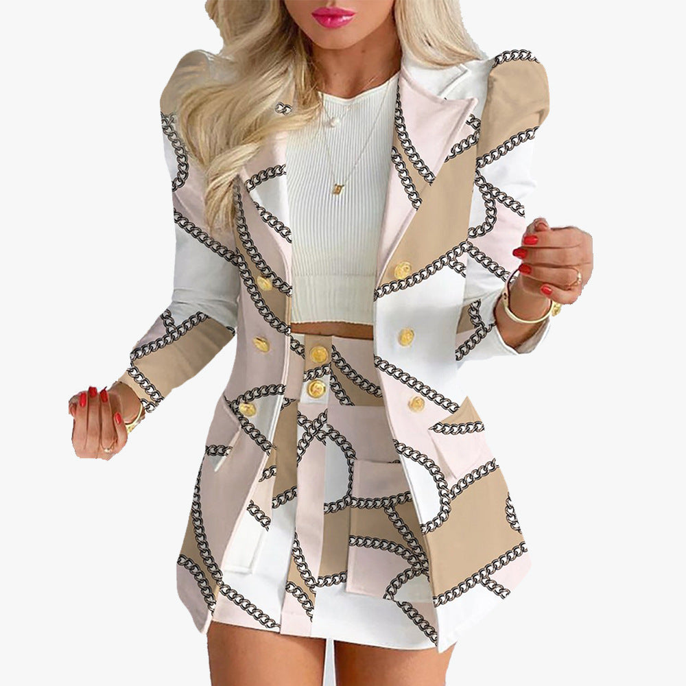 Damen nan tailliertes Zweiteiler-Businesskostüm mit doppelreihigem Blazer und figurbetontem Minirock Drune