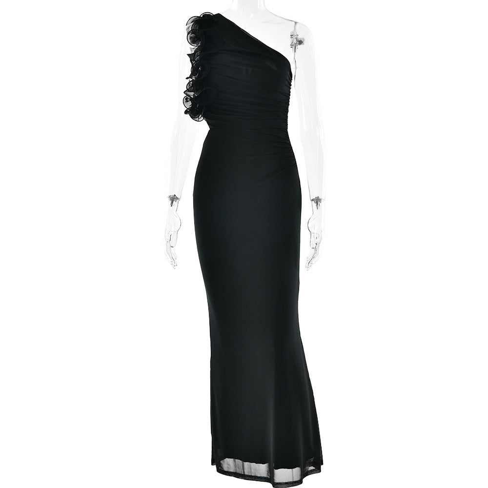 Damen Figurschmeichelndes Midi-Kleid mit asymmetrischem Ausschnitt und Rüschendetails Drune