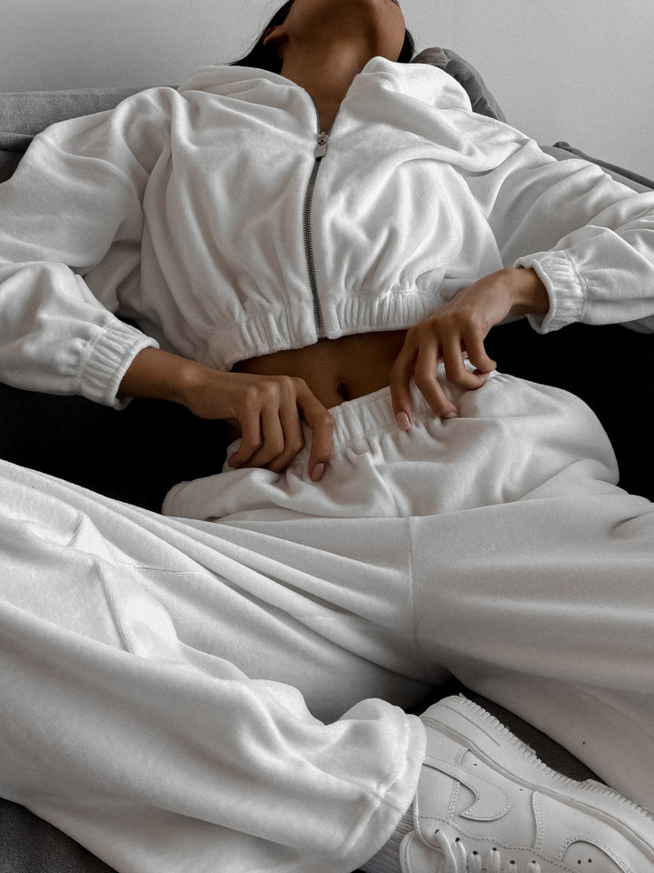 Damen nan Samt-Loungewear-Zweiteiler mit kurzem Frontzip, elastischem Komfortbund und weitem Hosenbein Drune