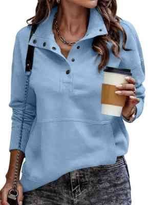 Damen sportlicher Pullover im Vintage-Style mit Stehkragen und Druckknöpfen Drune