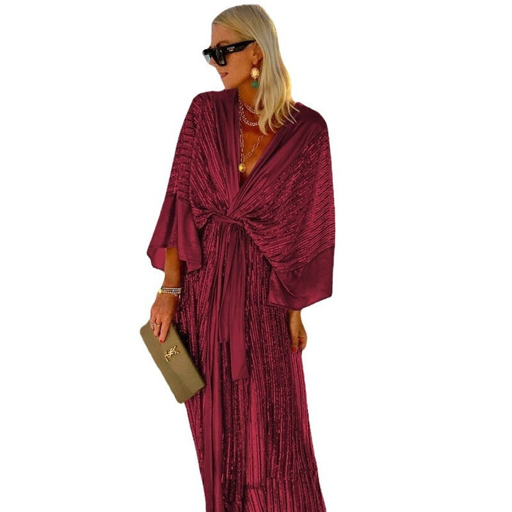 Damen Glitzerndes Maxikleid mit elegantem Wickeldesign und fließenden Ärmeln Drune