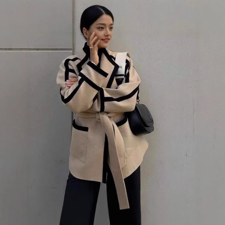 Damen modischer Blazer-Kimono mit Gürtel und Kontrastdetails Drune