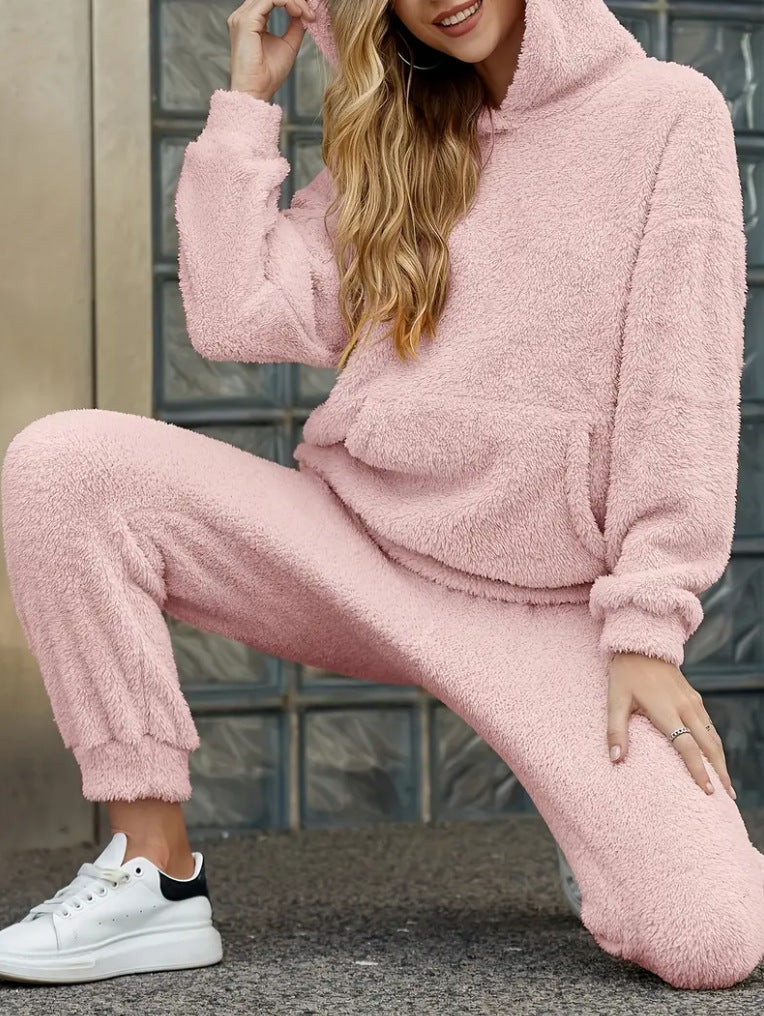 Damen nan kuscheliges Teddy-Fleece Hausanzug-Set mit Kapuze, Kängurutasche und elastischer Jogginghose Drune