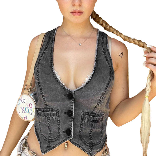Damen Denim-Weste mit modernem V-Ausschnitt und praktischen Taschen Drune