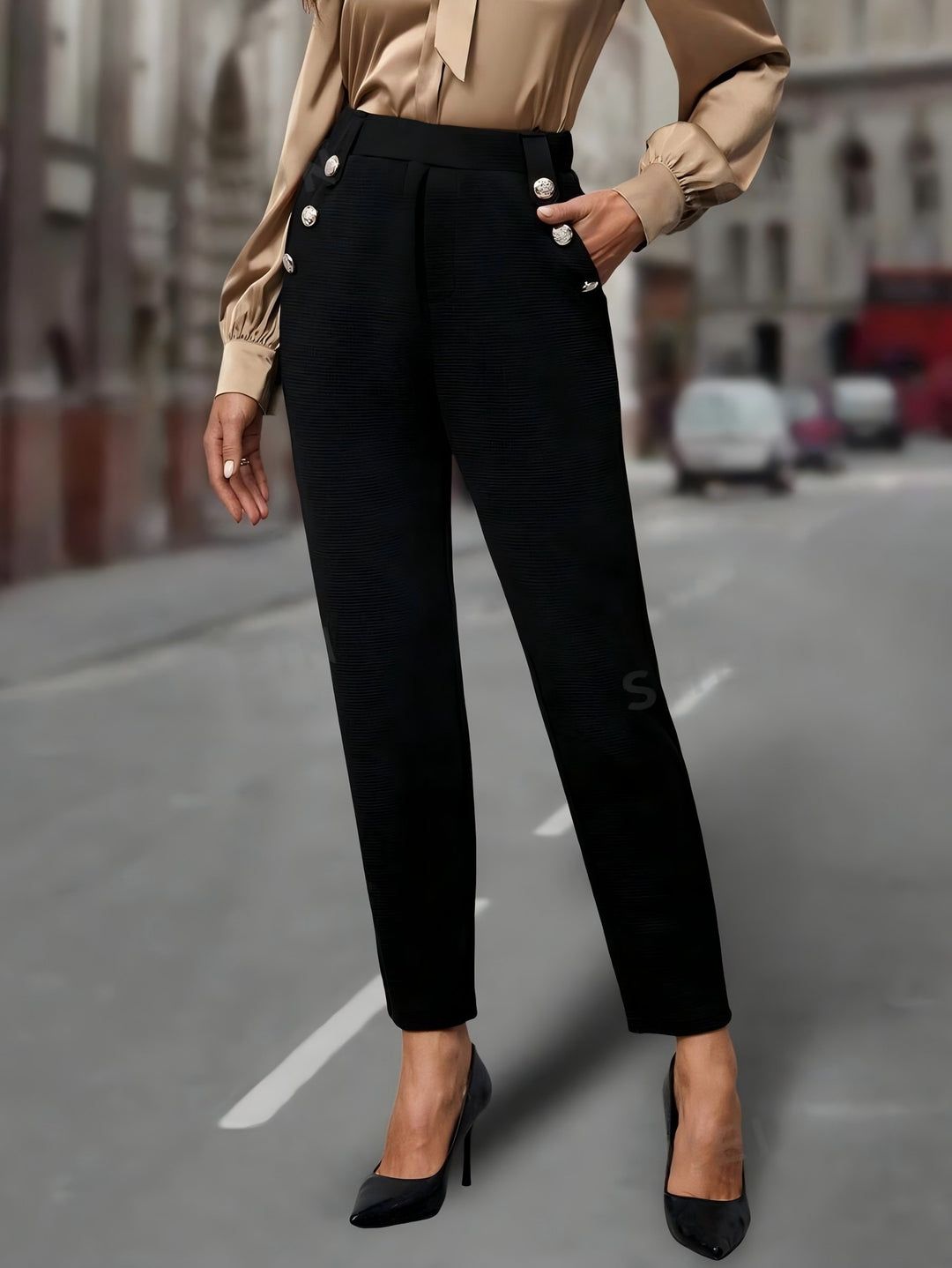 Damen elegante Anzughose mit doppeltem Knopfverschluss und schmalem Bein Drune