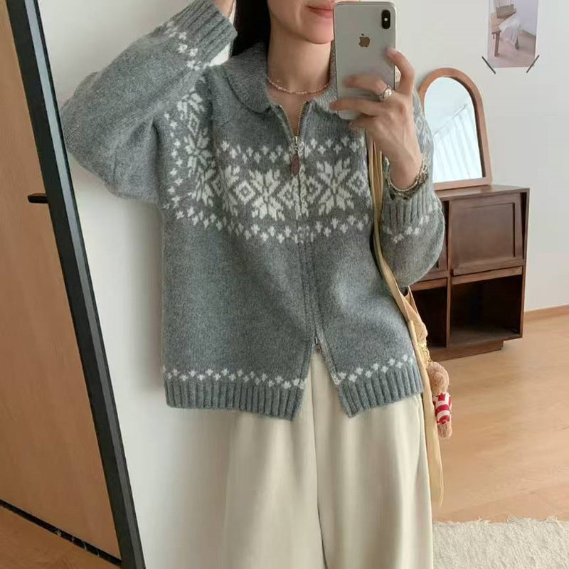 Damen Strickjacke mit modernem Norweger-Muster und hohem Kragen Drune
