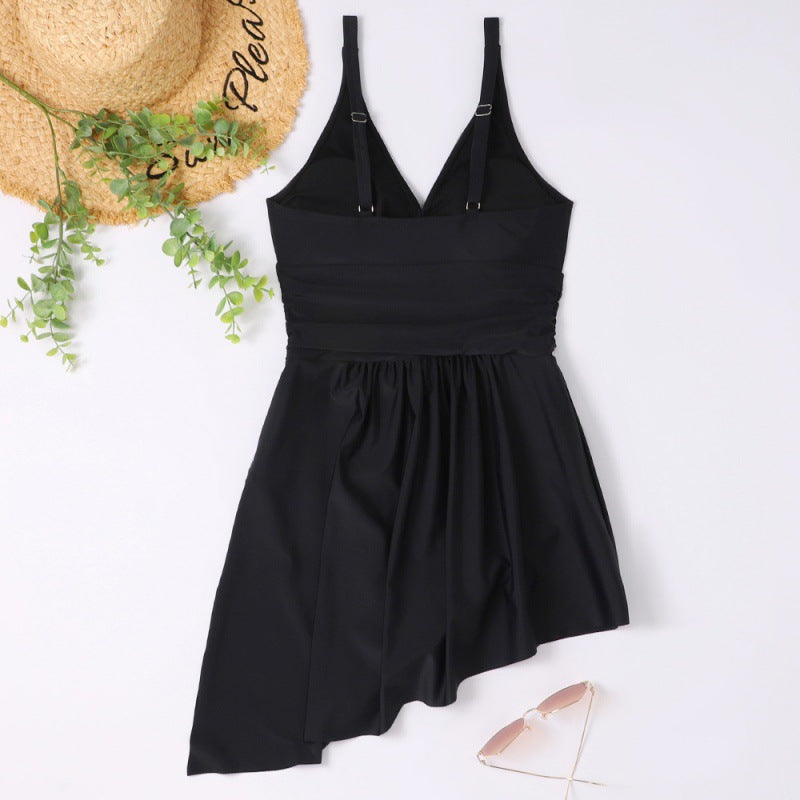 Damen eleganter Einteiler Badeanzug mit asymmetrischem Rock und verstellbaren Trägern Drune