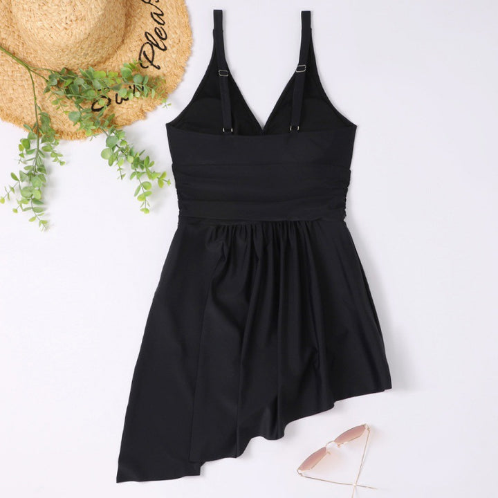 Damen eleganter Einteiler Badeanzug mit asymmetrischem Rock und verstellbaren Trägern Drune