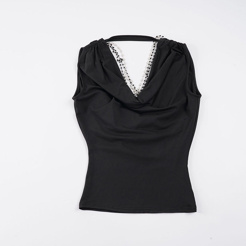 Damen elegantes Cowl Neck Tanktop mit feinen Perlenverzierungen Drune