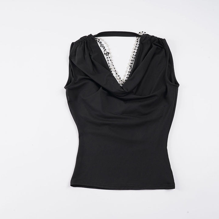 Damen elegantes Cowl Neck Tanktop mit feinen Perlenverzierungen Drune