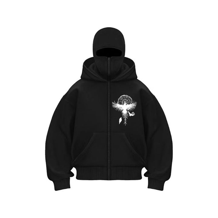 Damen Kapuzenjacke mit einzigartigem Tribal-Druck und hohem Kragen Drune