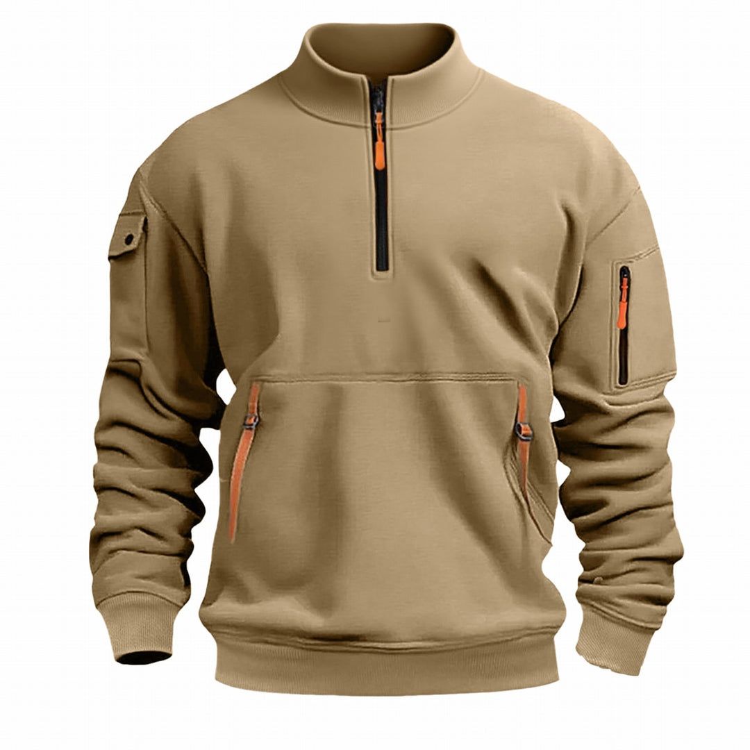 Herren nan Sweatshirt mit Stehkragen, halbem Reißverschluss, Kängurutasche und Ärmeltasche Drune