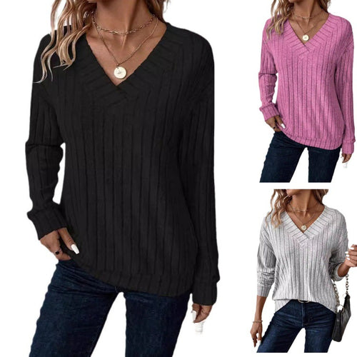 Damen V-Ausschnitt Pullover mit Rippenstruktur Drune