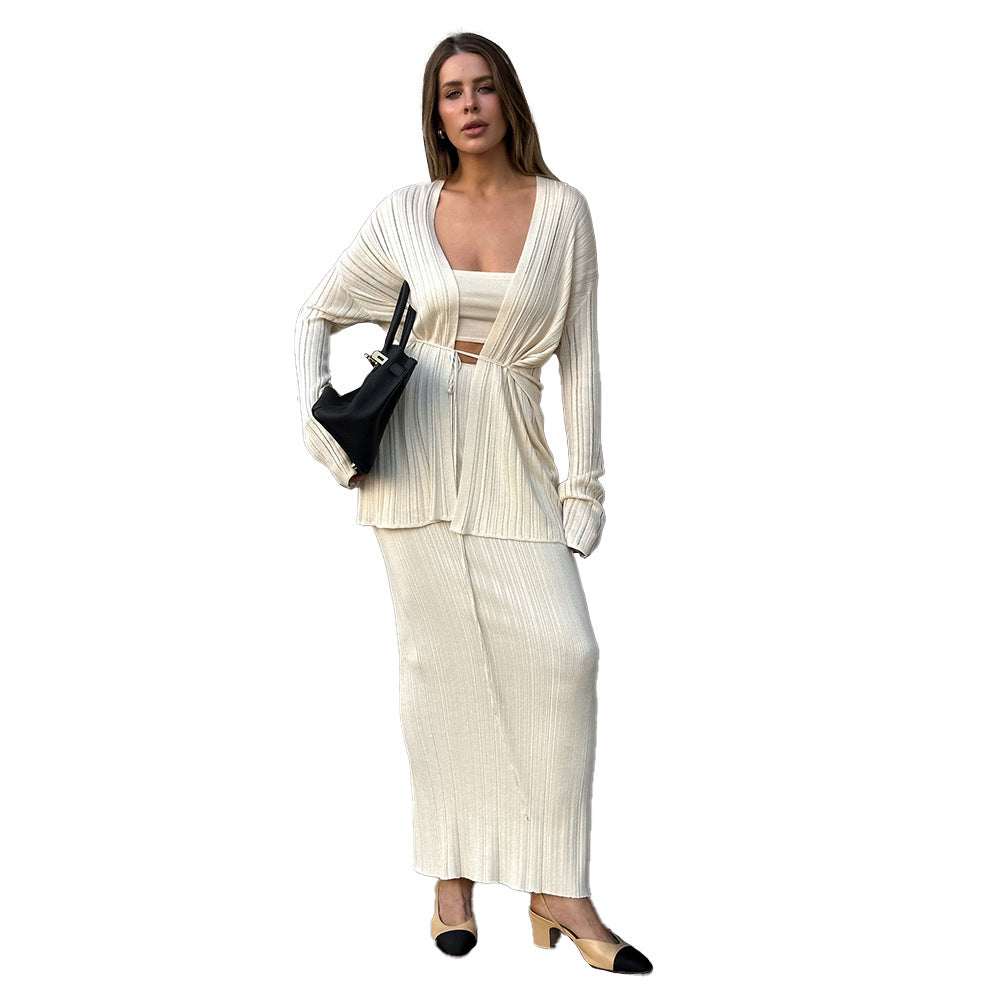 Damen Elegantes Strickensemble mit Überschlagjacke und langem Rock Drune