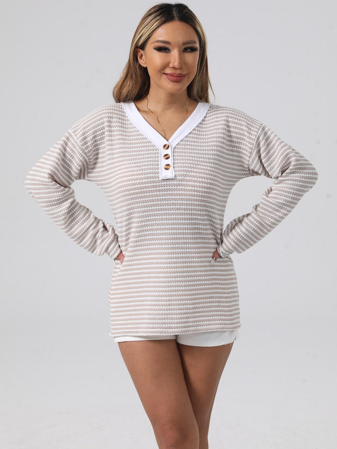Damen lässiger Strickpullover mit schimmernden Streifen und kontrastierendem Kragen Drune