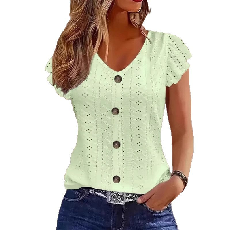 Damen luftige Bluse mit filigranem Lochmuster und Knopfdetails Drune