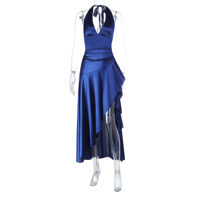 Damen schickes Maxi-Kleid mit tiefem V-Ausschnitt und fließendem Rüschenrock Drune