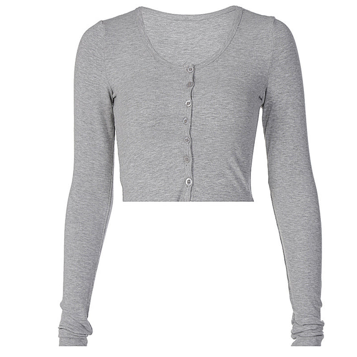 Damen Langarm-Crop-Top mit Knopfleiste und figurbetonter Passform Drune