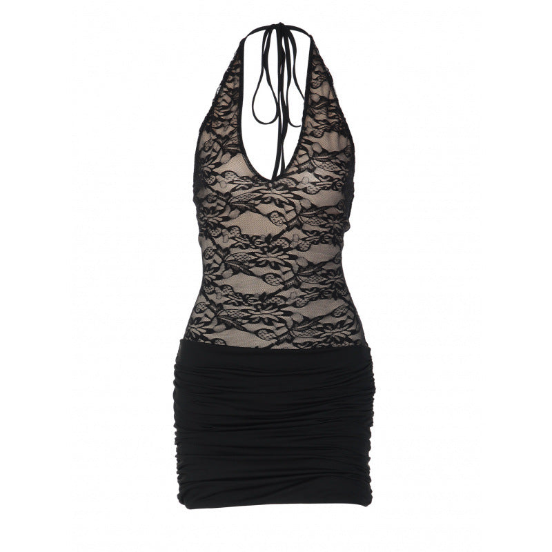 Damen Neckholder Minikleid mit eleganter Spitze und gerafftem Rock Drune