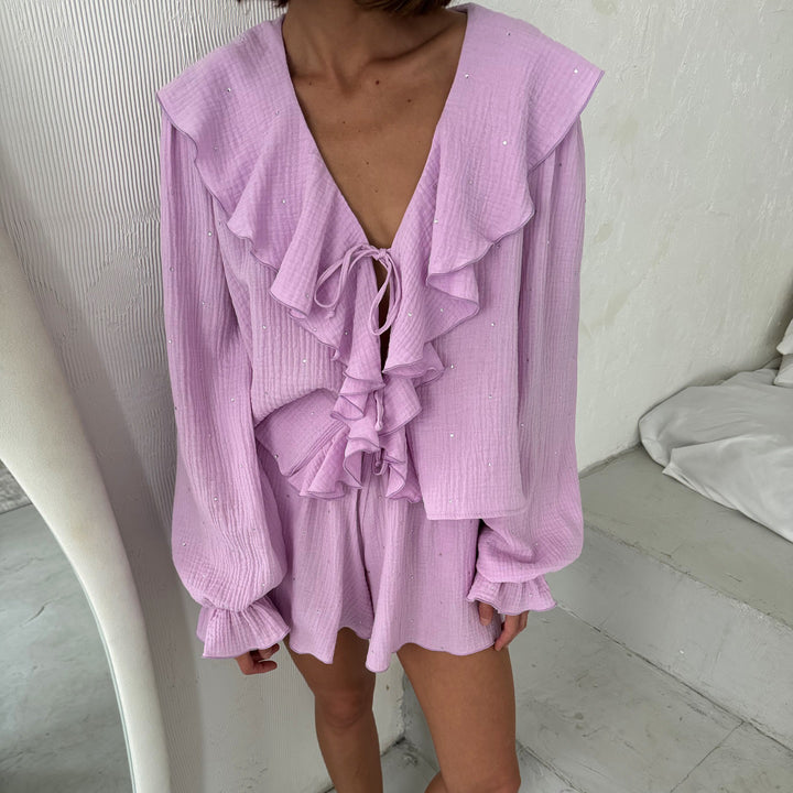 Damen Bluse mit voluminösen Rüschen und Glitzerdetails Drune